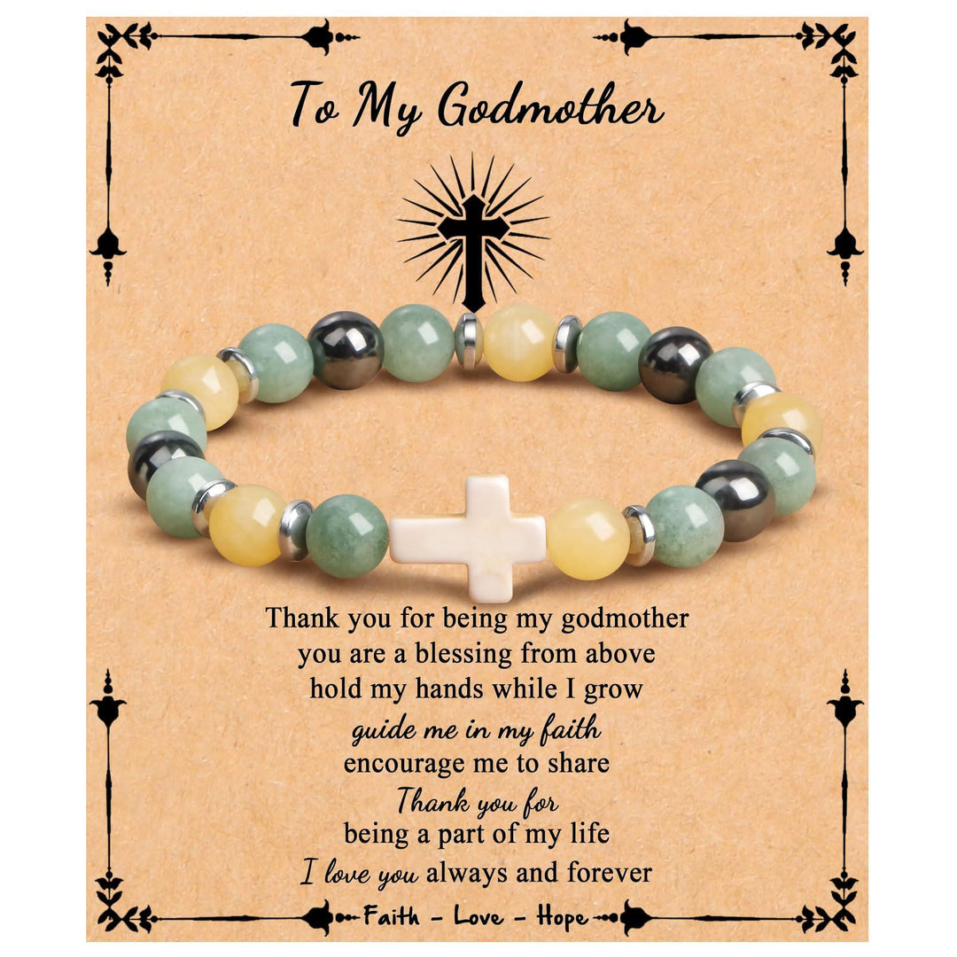 Olivenorma "To My Godmother" Natural Stone Beaded Cross Bracelet - Green Aventurine - image 5