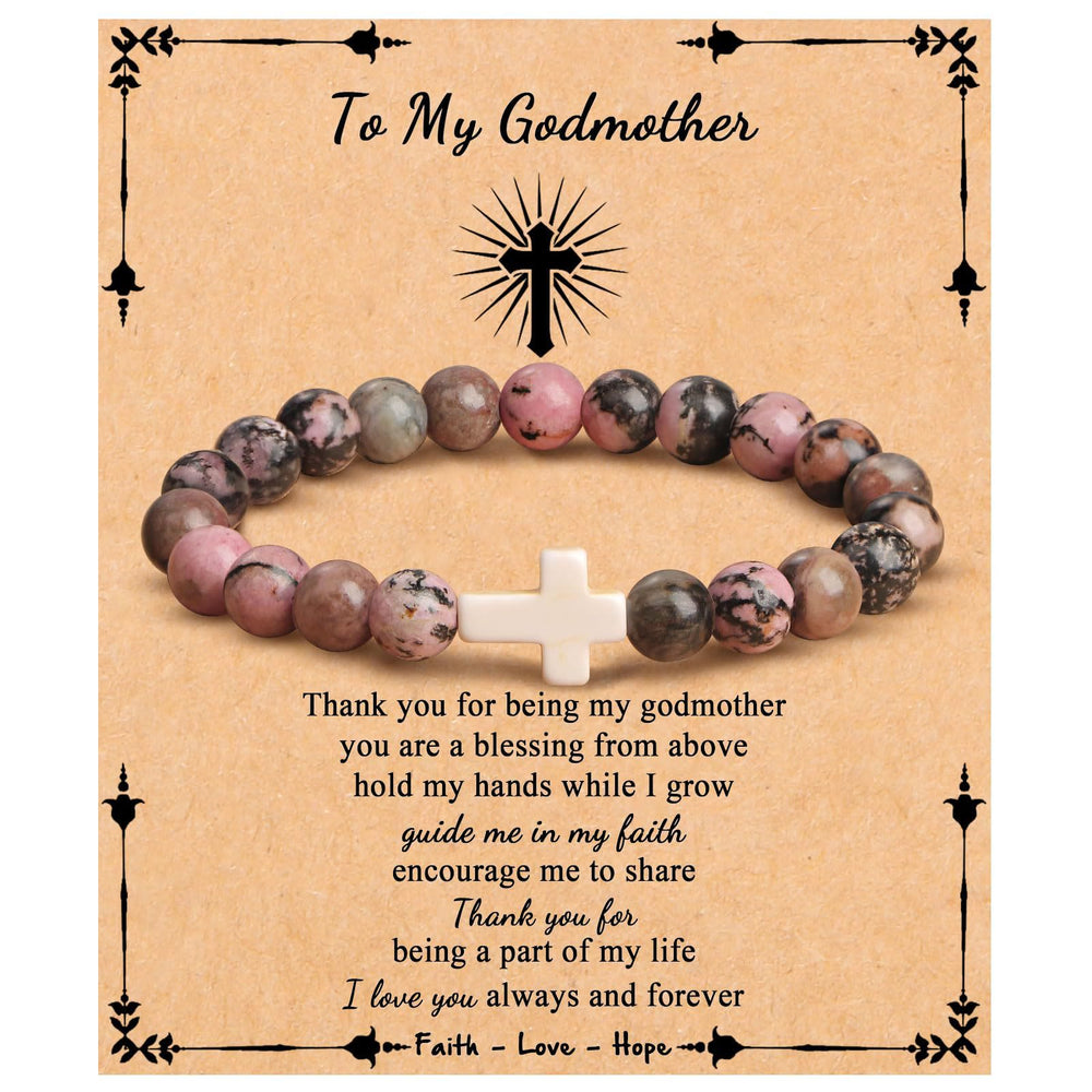 Olivenorma "To My Godmother" Natural Stone Beaded Cross Bracelet - Rhodonite - image 1