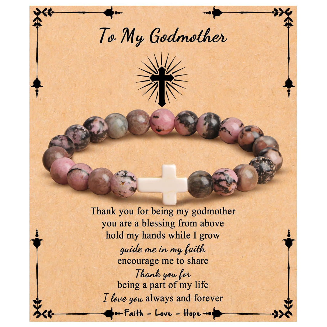 Olivenorma "To My Godmother" Natural Stone Beaded Cross Bracelet - Rhodonite - image 1