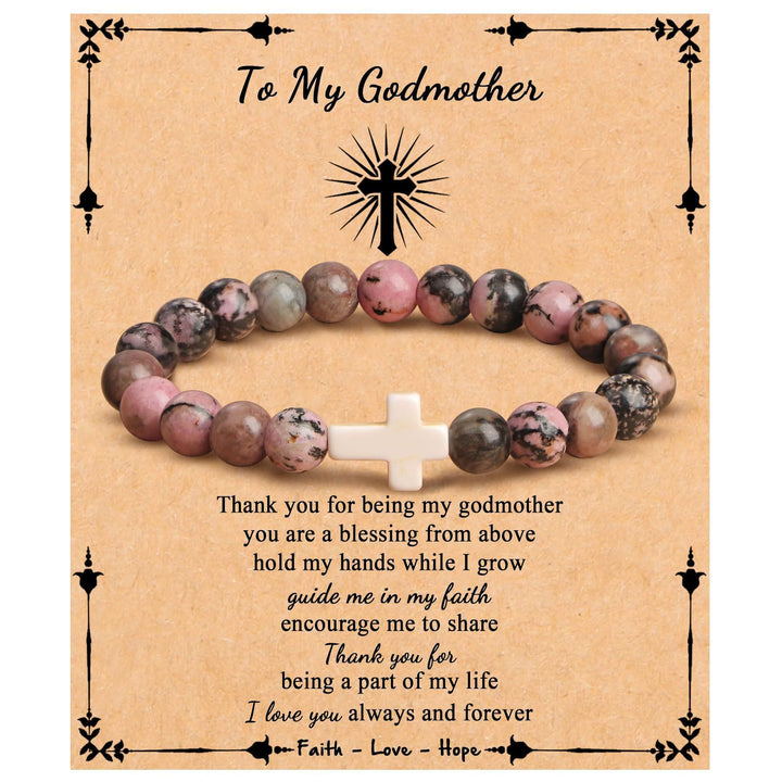 Olivenorma "To My Godmother" Natural Stone Beaded Cross Bracelet - Rhodonite - image 1