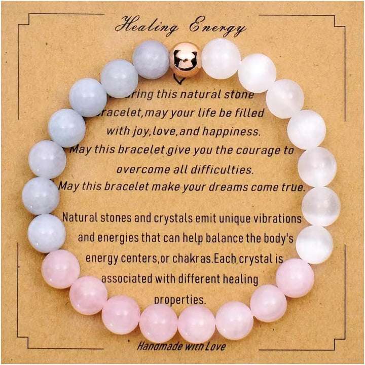 Olivenorma Blessing Card Natural Stone Beaded Bracelet - Rose Quartz&Clear Crystal&Blue Chalcedony - image 16
