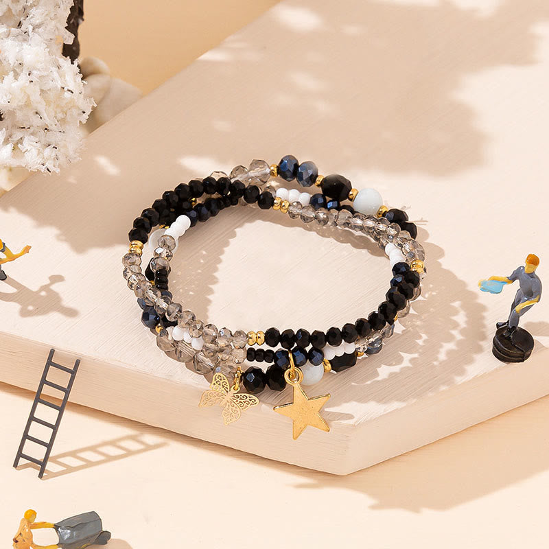 Olivenorma Crystal Beaded Gold Star Pendant Triple Layer Bracelet Set - Obsidian - image 5