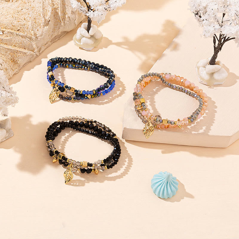 Olivenorma Crystal Beaded Gold Leaf Pendant Three Layer Bracelet Set - image 0