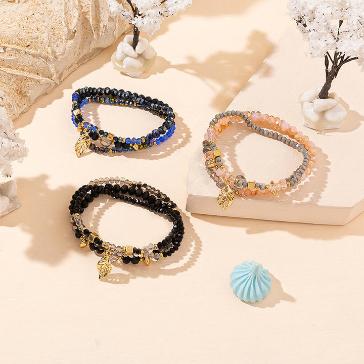 Olivenorma Crystal Beaded Gold Leaf Pendant Three Layer Bracelet Set - image 0