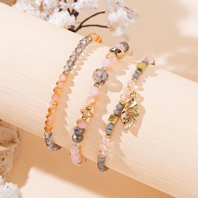 Olivenorma Crystal Beaded Gold Leaf Pendant Three Layer Bracelet Set - image 3