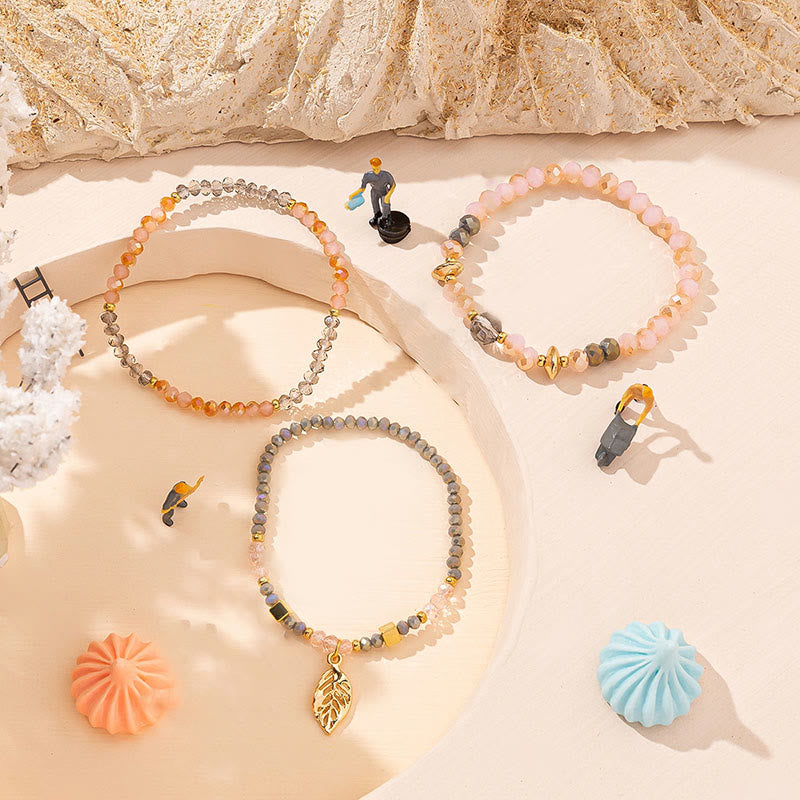 Olivenorma Crystal Beaded Gold Leaf Pendant Three Layer Bracelet Set - image 2