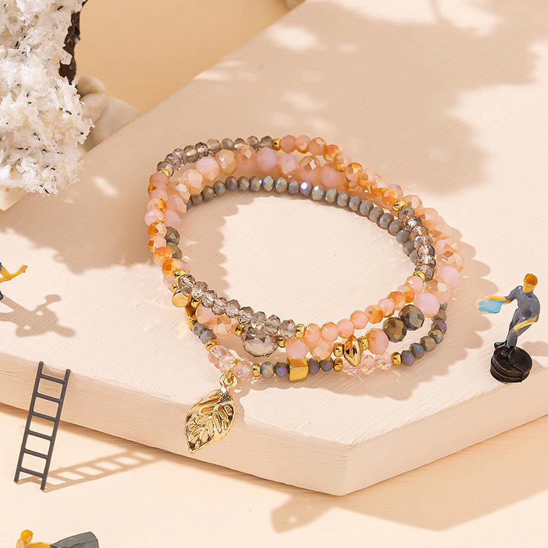Olivenorma Crystal Beaded Gold Leaf Pendant Three Layer Bracelet Set - Sun Stone&Pink Opal - image 1