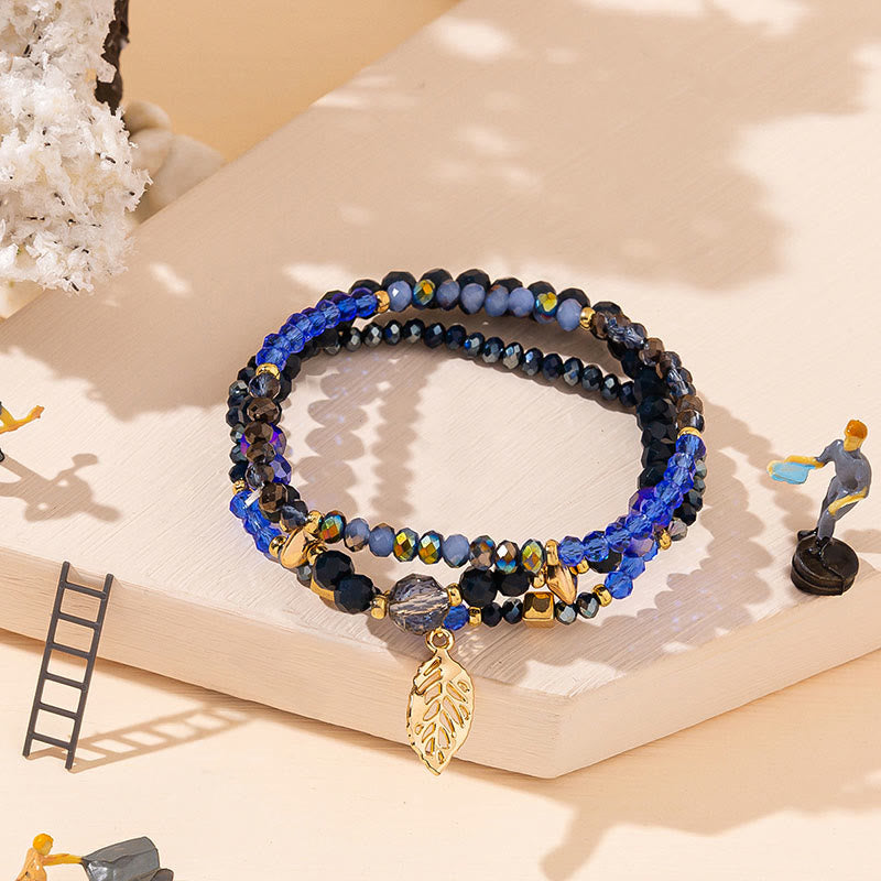 Olivenorma Crystal Beaded Gold Leaf Pendant Three Layer Bracelet Set - Sapphire&Obsidian - image 6