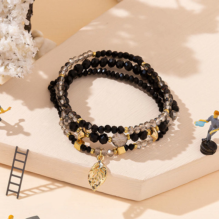 Olivenorma Crystal Beaded Gold Leaf Pendant Three Layer Bracelet Set - Obsidian&Smoky Quartz - image 10
