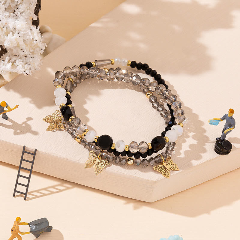 Olivenorma Crystal Beaded Gold Butterfly Pendant Three Layer Bracelet Set - Obsidian - image 1
