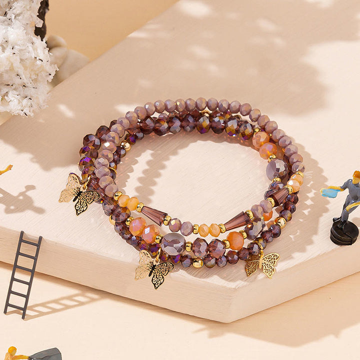 Olivenorma Crystal Beaded Gold Butterfly Pendant Three Layer Bracelet Set - Purple Jade - image 5