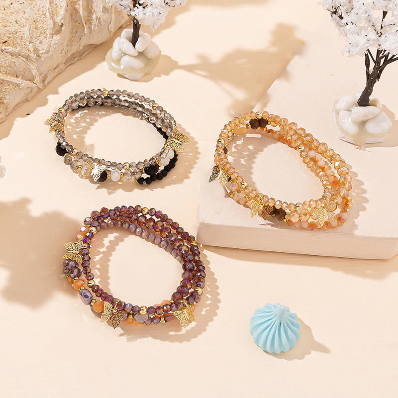Olivenorma Crystal Beaded Gold Butterfly Pendant Three Layer Bracelet Set - image 0