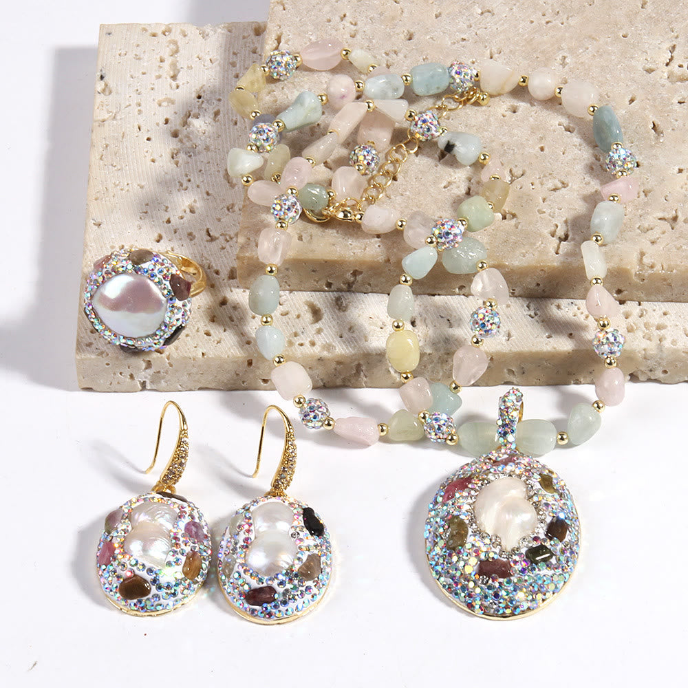 Olivenorma Morganite Tourmaline Freshwater Pearl Jewelry Set - Morganite&Freshwater Pearl #1 - image 0
