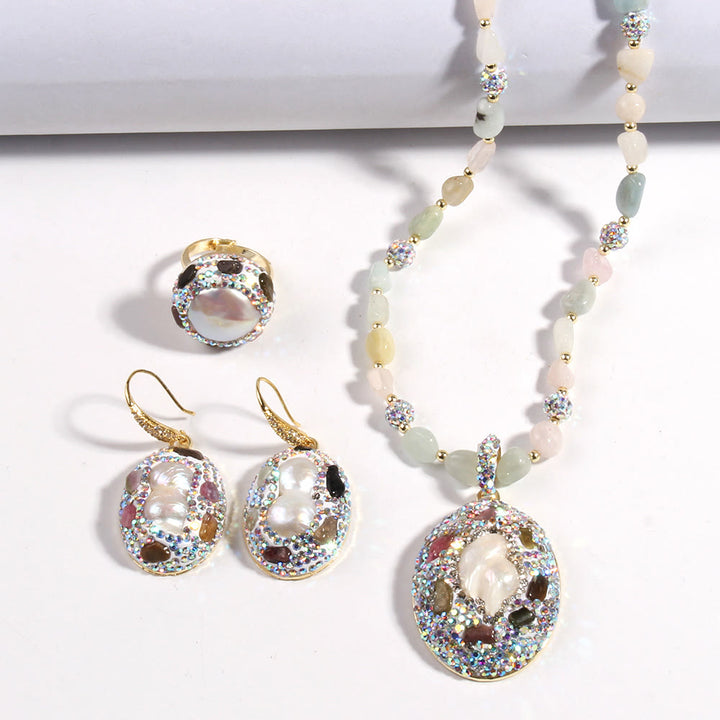 Olivenorma Morganite Tourmaline Freshwater Pearl Jewelry Set - image 1