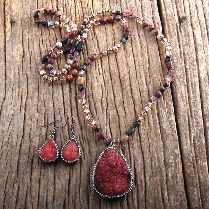 Olivenorma Cluster Pendant Raw Stone Beads Jewelry Set - Red - image 9
