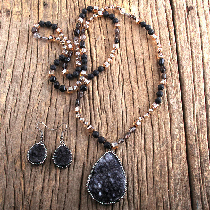 Olivenorma Cluster Pendant Raw Stone Beads Jewelry Set - Black - image 2