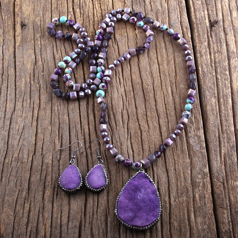 Olivenorma Cluster Pendant Raw Stone Beads Jewelry Set - Purple - image 11