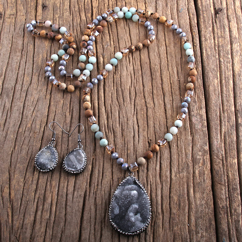 Olivenorma Cluster Pendant Raw Stone Beads Jewelry Set - Gray - image 4