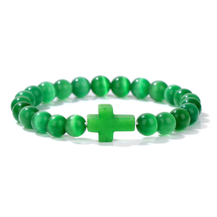 Olivenorma Natural Crystal Beads Cross Pendant Bracelet - Green Cat's Eye Stone - image 10