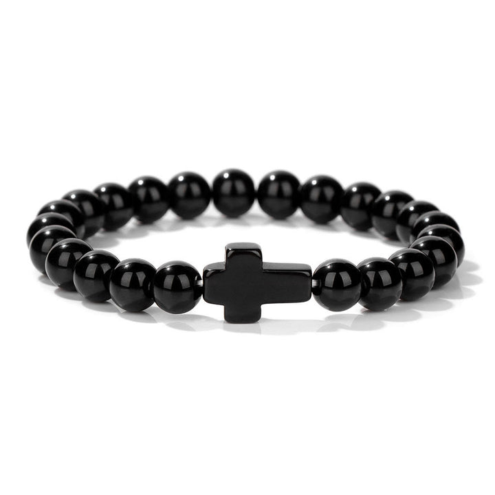 Olivenorma Natural Crystal Beads Cross Pendant Bracelet - Obsidian - image 16