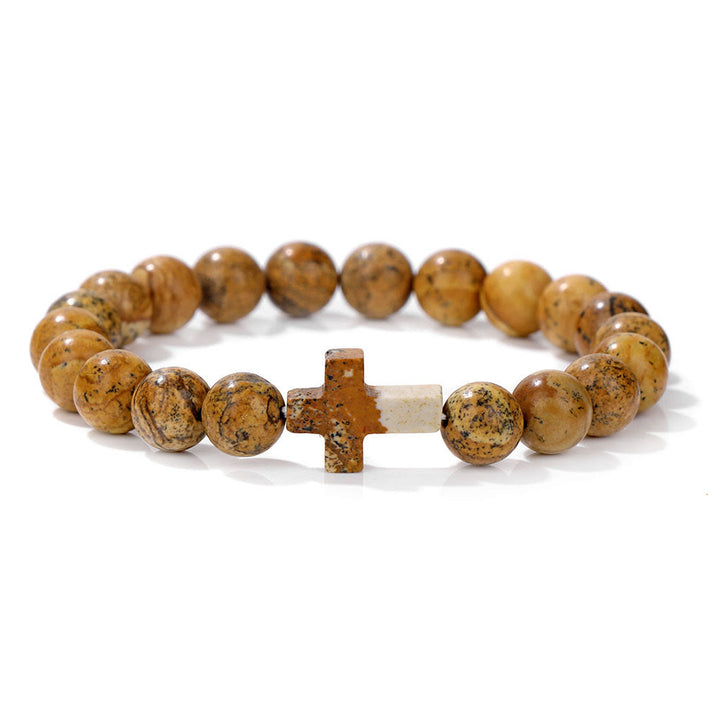 Olivenorma Natural Crystal Beads Cross Pendant Bracelet - Picture Jasper - image 26