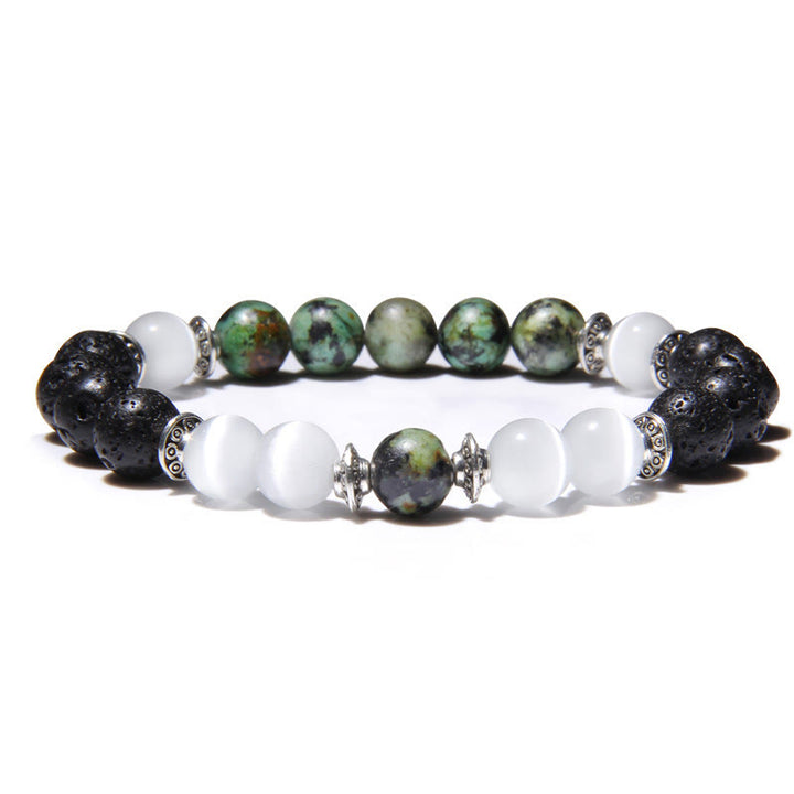 Olivenorma Natural Cat's Eye Stone Beads Men Bracelet - White Cat's Eye Stone & Lava Stone & African Turquoise - image 2