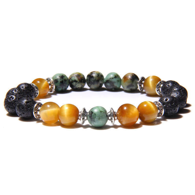 Olivenorma Natural Cat's Eye Stone Beads Men Bracelet - Yellow Cat's Eye Stone & Lava Stone & African Turquoise - image 4
