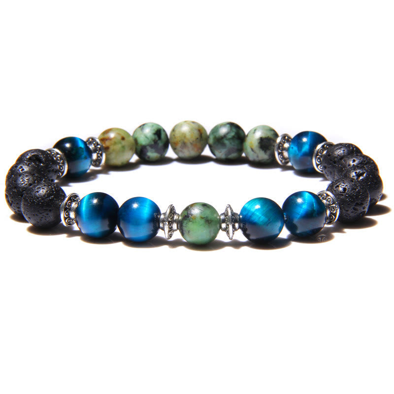 Olivenorma Natural Cat's Eye Stone Beads Men Bracelet - Blue Cat's Eye Stone & Lava Stone & African Turquoise - image 6