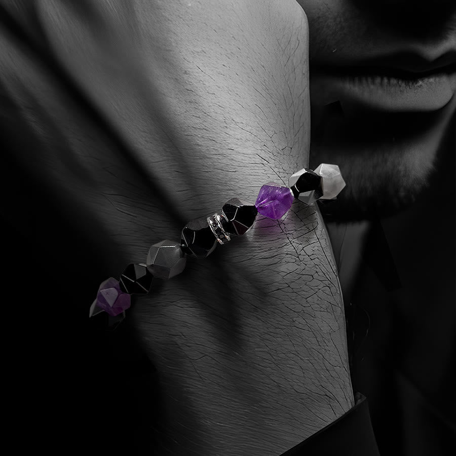 Olivenorma Men Geometric Facets Amethyst Cloud Quartz Beads Bracelet - image 1