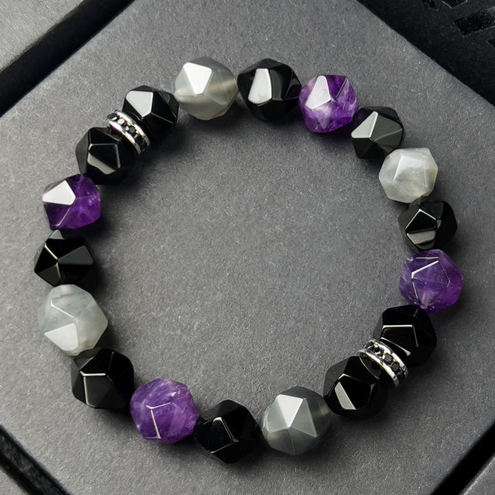 Olivenorma Men Geometric Facets Amethyst Cloud Quartz Beads Bracelet - image 5