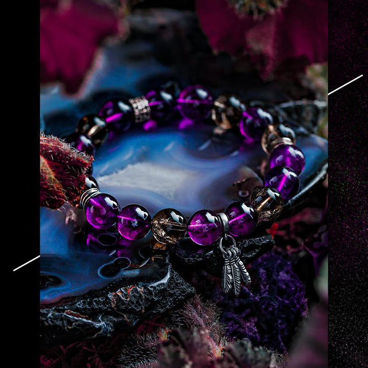 Olivenorma Men Amethyst Feather Pendant Beads Bracelet - image 4