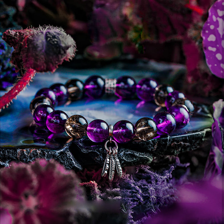 Olivenorma Men Amethyst Feather Pendant Beads Bracelet - 17cm - image 0