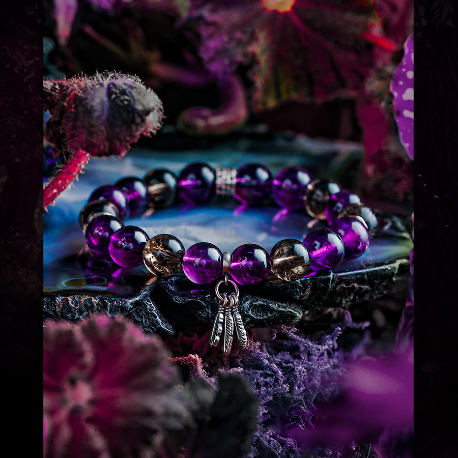 Olivenorma Men Amethyst Feather Pendant Beads Bracelet - image 5