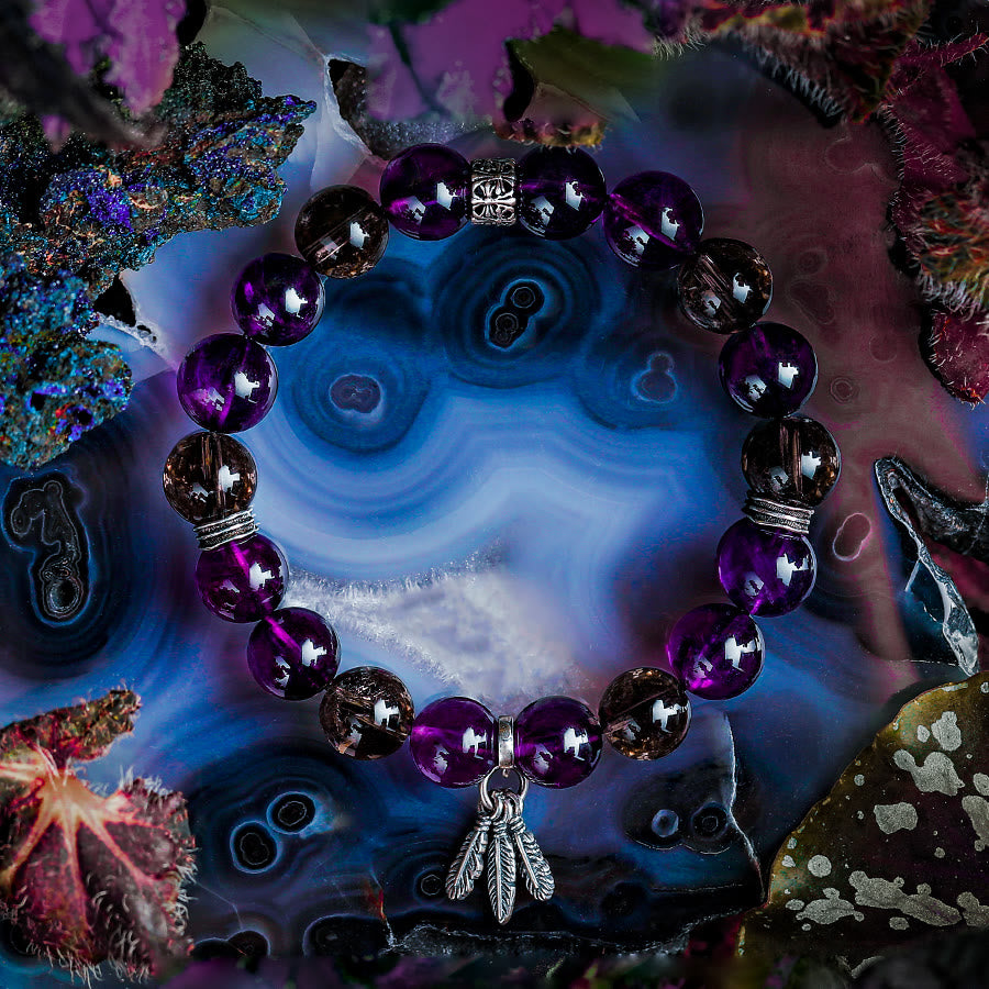 Olivenorma Men Amethyst Feather Pendant Beads Bracelet - image 3