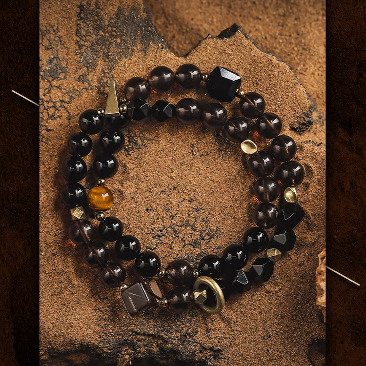 Olivenorma Men Obsidian Smoky Quartz Beads Titanium Steel Bracelet - image 6