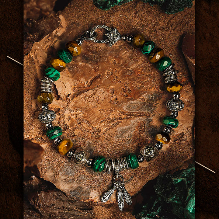 Olivenorma Men Tiger Eye Malachite Feather Pendant Beads Bracelet - image 6