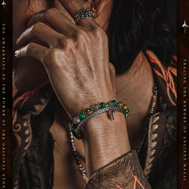 Olivenorma Men Tiger Eye Malachite Feather Pendant Beads Bracelet - image 1