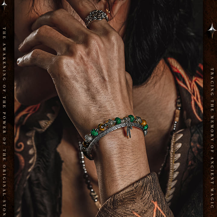 Olivenorma Men Tiger Eye Malachite Feather Pendant Beads Bracelet - image 1