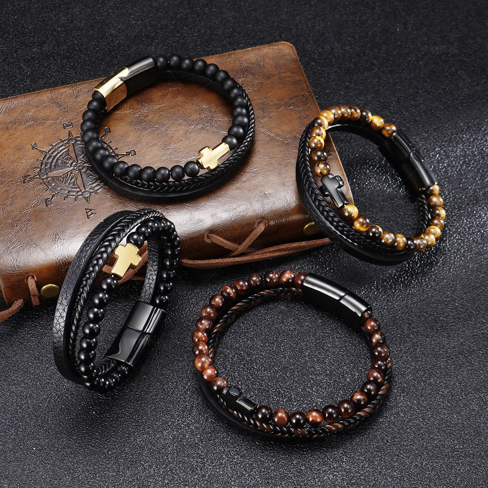 Olivenorma Tiger Eye Cross Stainless Steel Braided Leather Bracelet - image 0