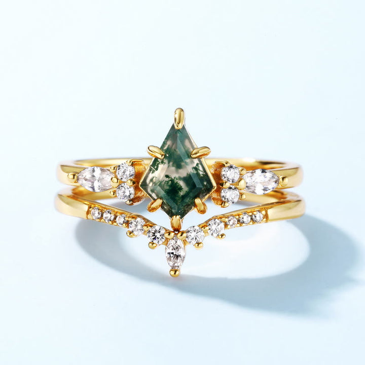 Olivenorma 2Pcs Moss Agate White Zircon Five-Prong Ring - image 4