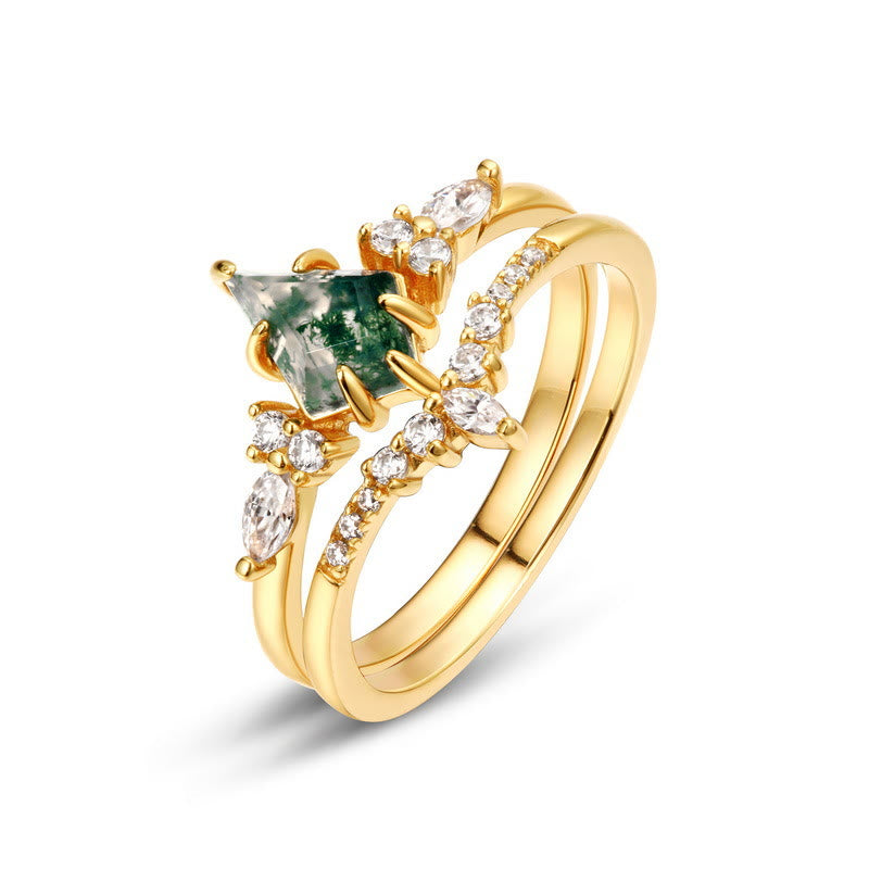 Olivenorma 2Pcs Moss Agate White Zircon Five-Prong Ring - Golden - 8 - image 0