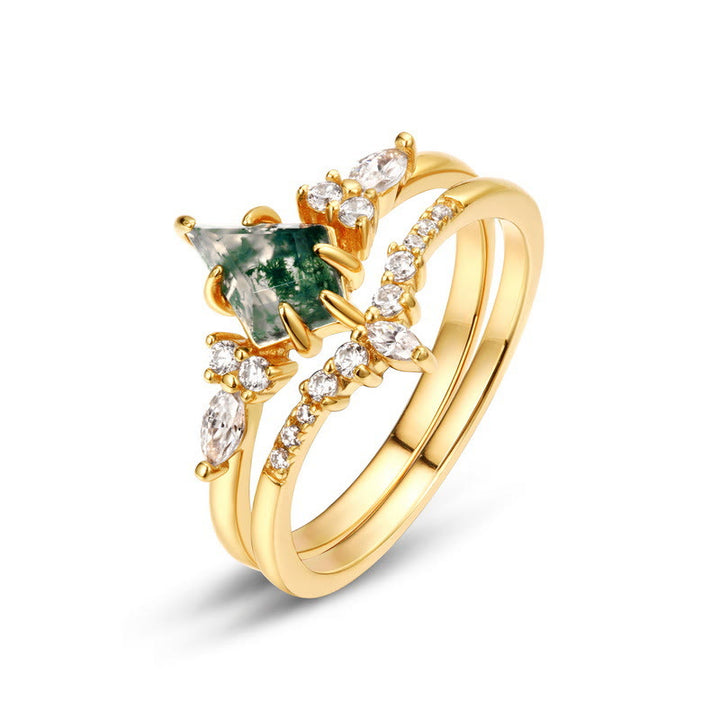 Olivenorma 2Pcs Moss Agate White Zircon Five-Prong Ring - Golden - 8 - image 0