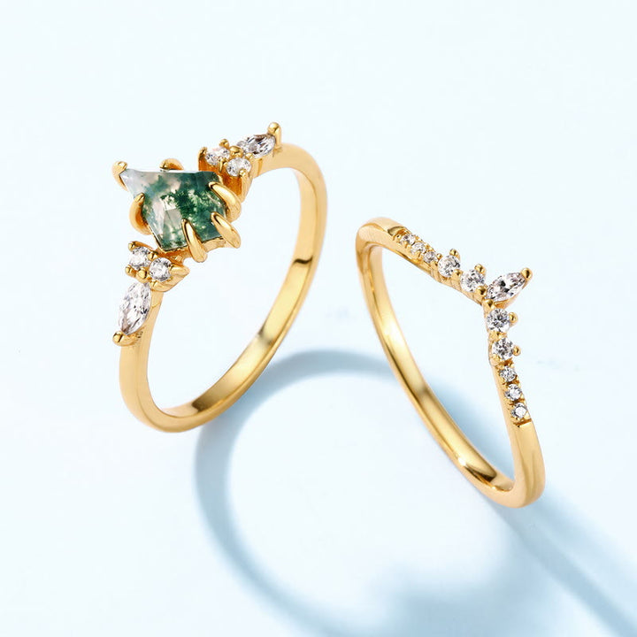 Olivenorma 2Pcs Moss Agate White Zircon Five-Prong Ring - image 5