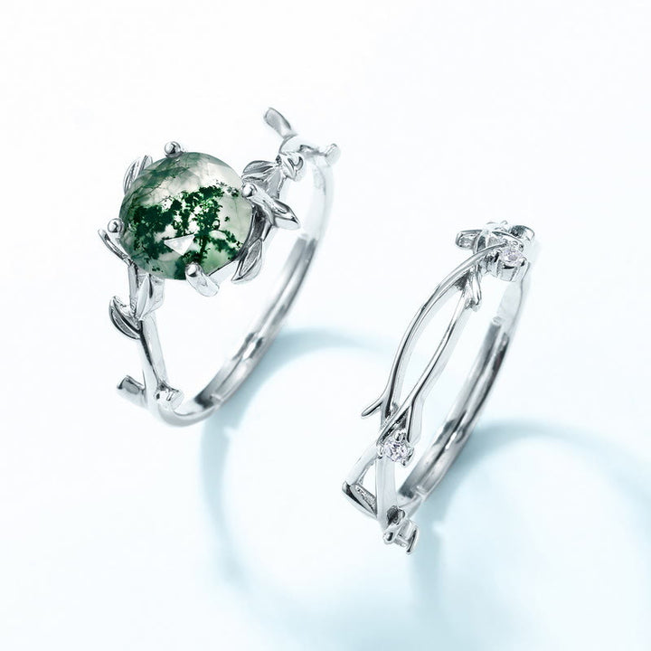 Olivenorma 2Pcs Moss Agate Leaf Vine S925 Silver Ring - image 5