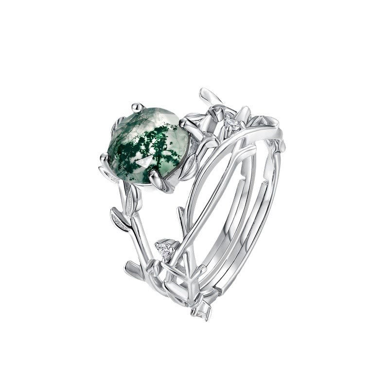 Olivenorma 2Pcs Moss Agate Leaf Vine S925 Silver Ring - 2Pcs - image 0