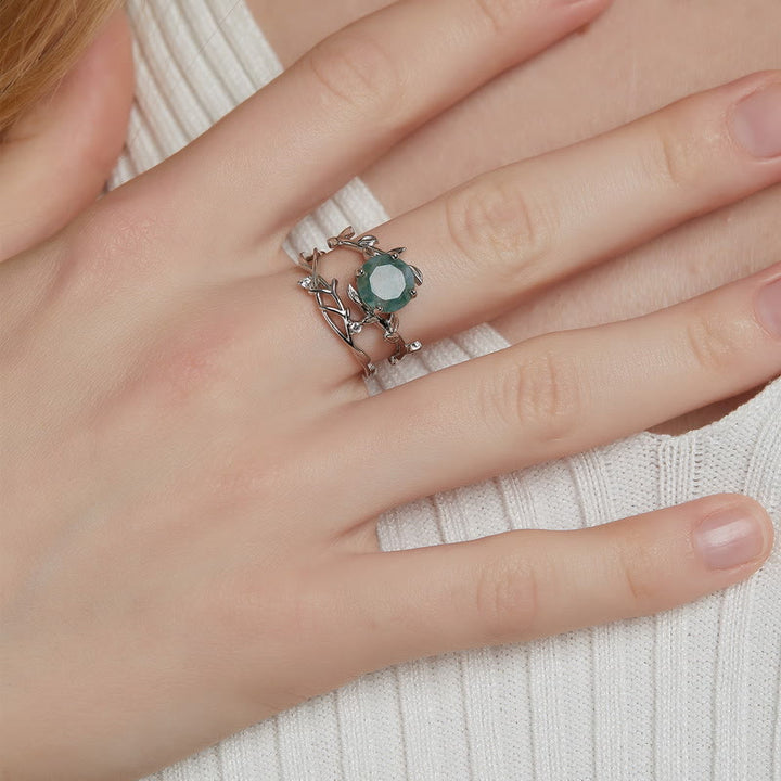 Olivenorma 2Pcs Moss Agate Leaf Vine S925 Silver Ring - image 1