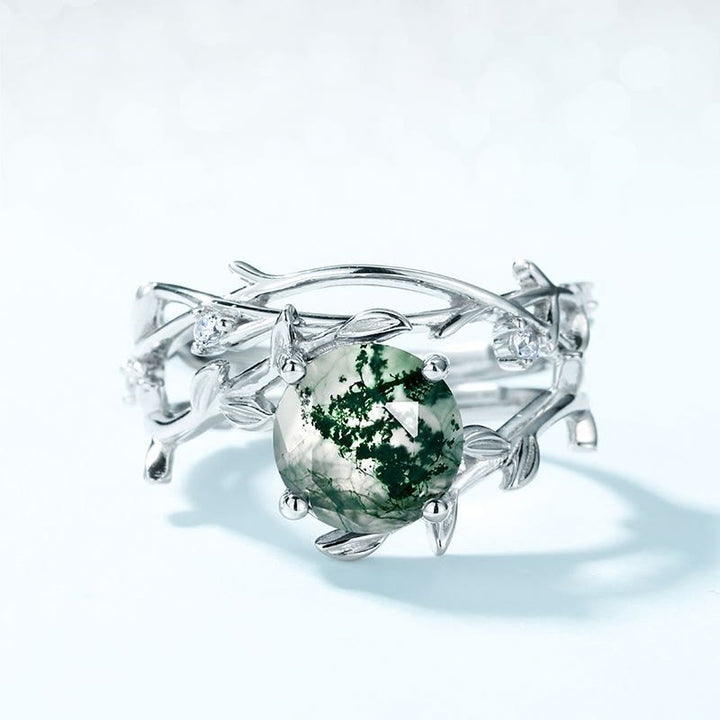 Olivenorma 2Pcs Moss Agate Leaf Vine S925 Silver Ring - image 6