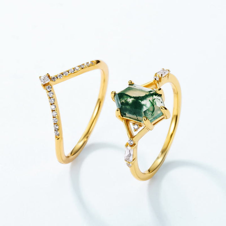 Olivenorma 2Pcs Hexagonal Moss Agate S925 Silver Ring - image 2