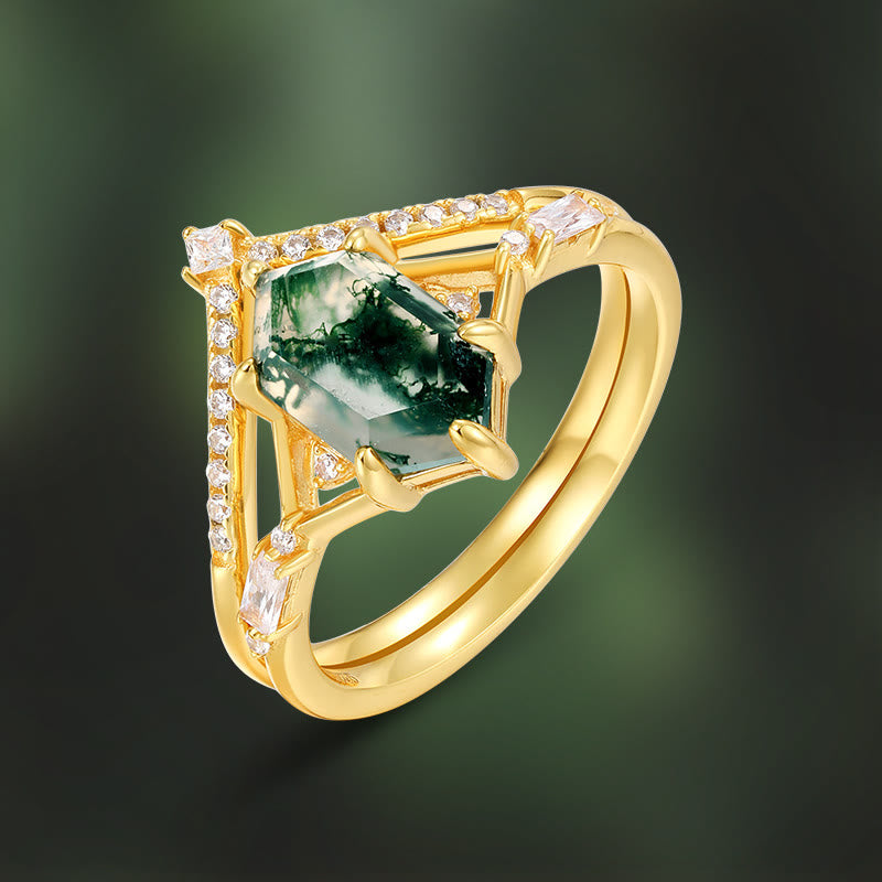Olivenorma 2Pcs Hexagonal Moss Agate S925 Silver Ring - image 5
