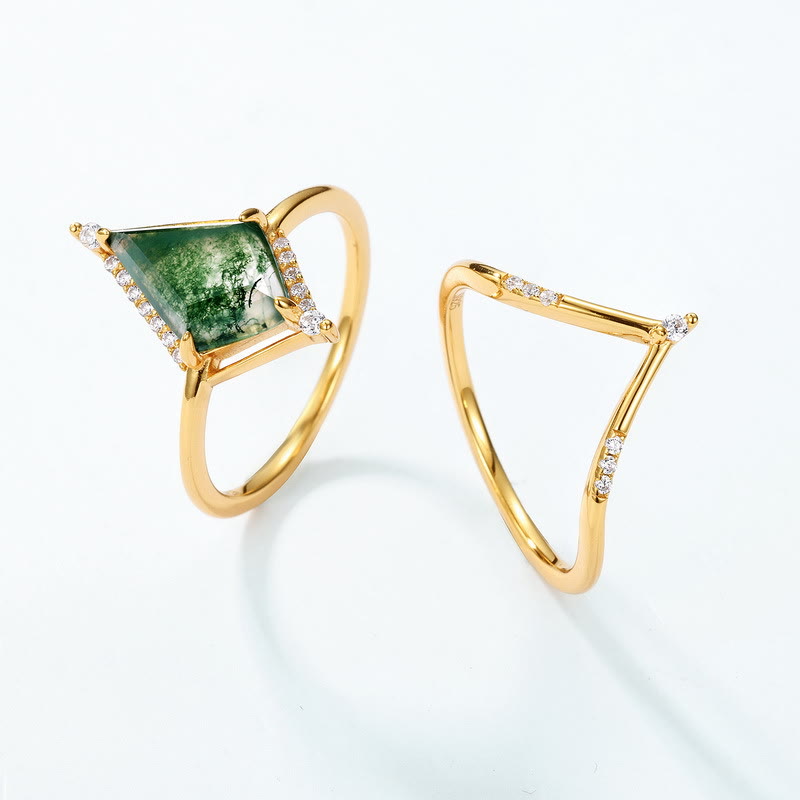 Olivenorma 2Pcs Diamond Moss Agate S925 Silver Ring - image 2